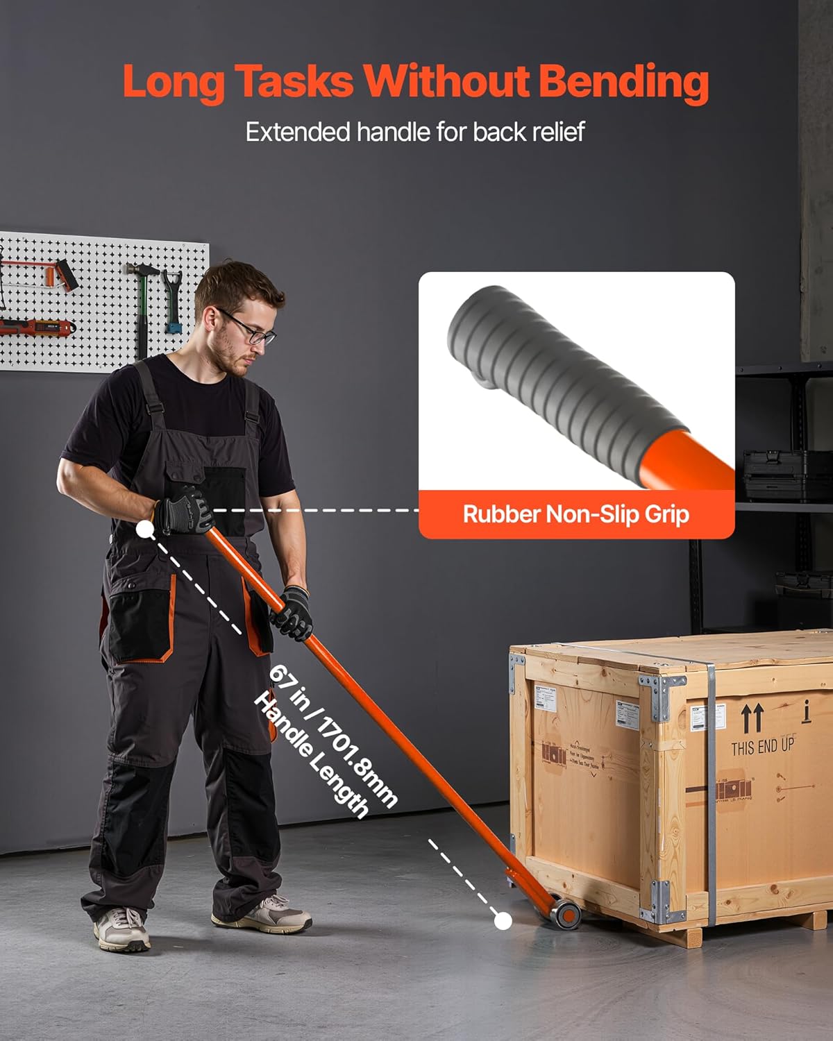 VEVOR Prylever Bar, 5T/11000LBS Load Capacity, 5.5FT Length Steel Handle Lever Dollyr with 2.8'' Wheels for Large Pallets, Heavy Items, Concrete Blocks, Heavy Duty Equipment Handling