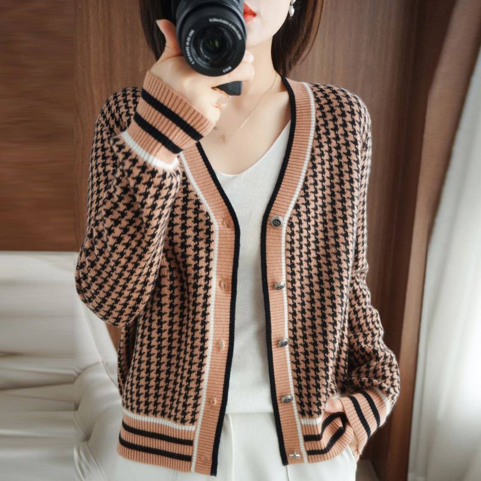 Suéter De Cachemira De Punto Corto De Punto Corto De Color Para Mujeres Classic Chic Cardigan - Cardigans De Cachemira De Punto Corto De Punto En V De Retazos Para Damas, Chaqueta Sólida De Cardiga