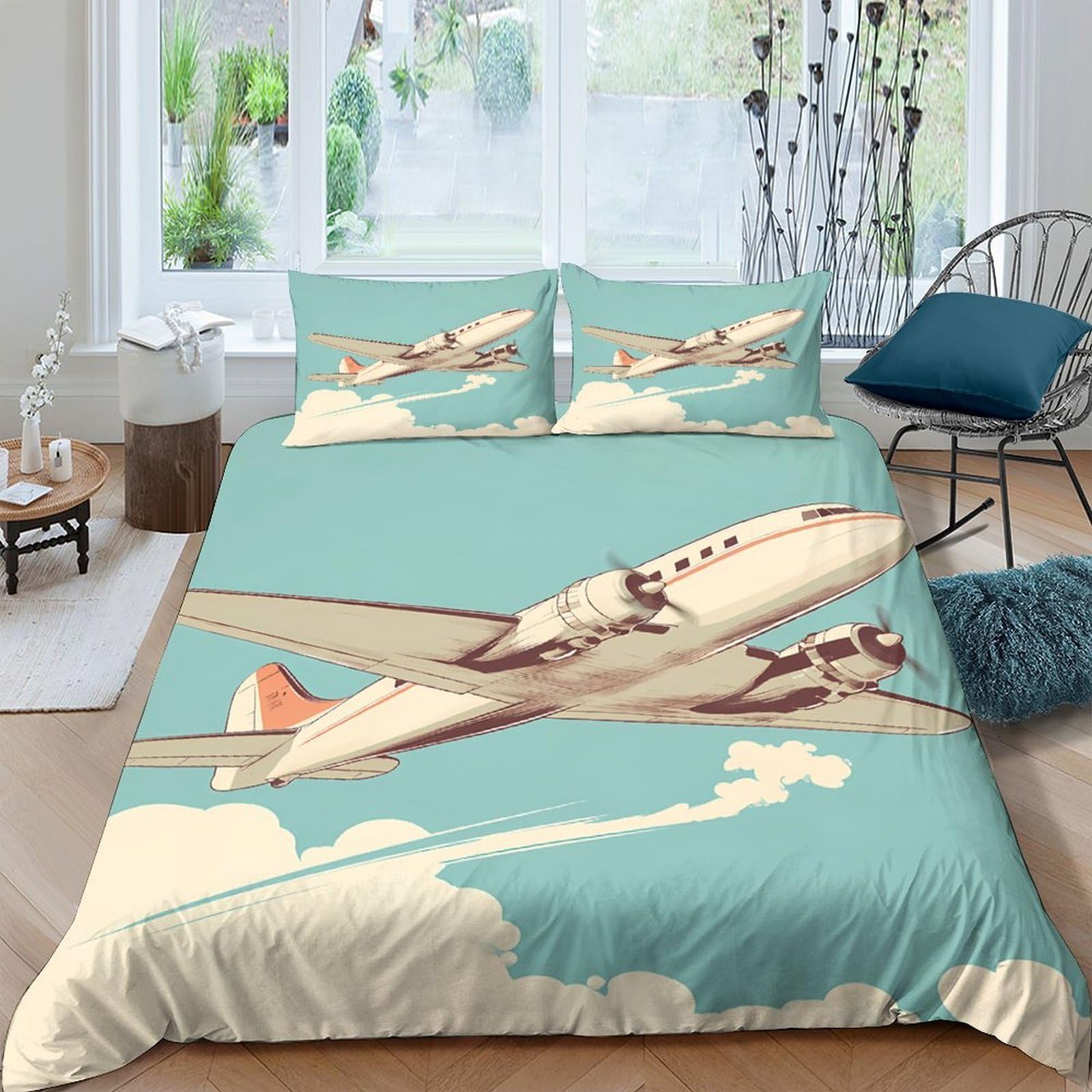 Ctjqhvkz Style-1 3D Printed Vintage Airplane Fitted Sheet Microfiber Soft Sky Blue Retro Aircraft Bed Cover For Bedroom Guest Room Mattress Decor Single（135X200cm）