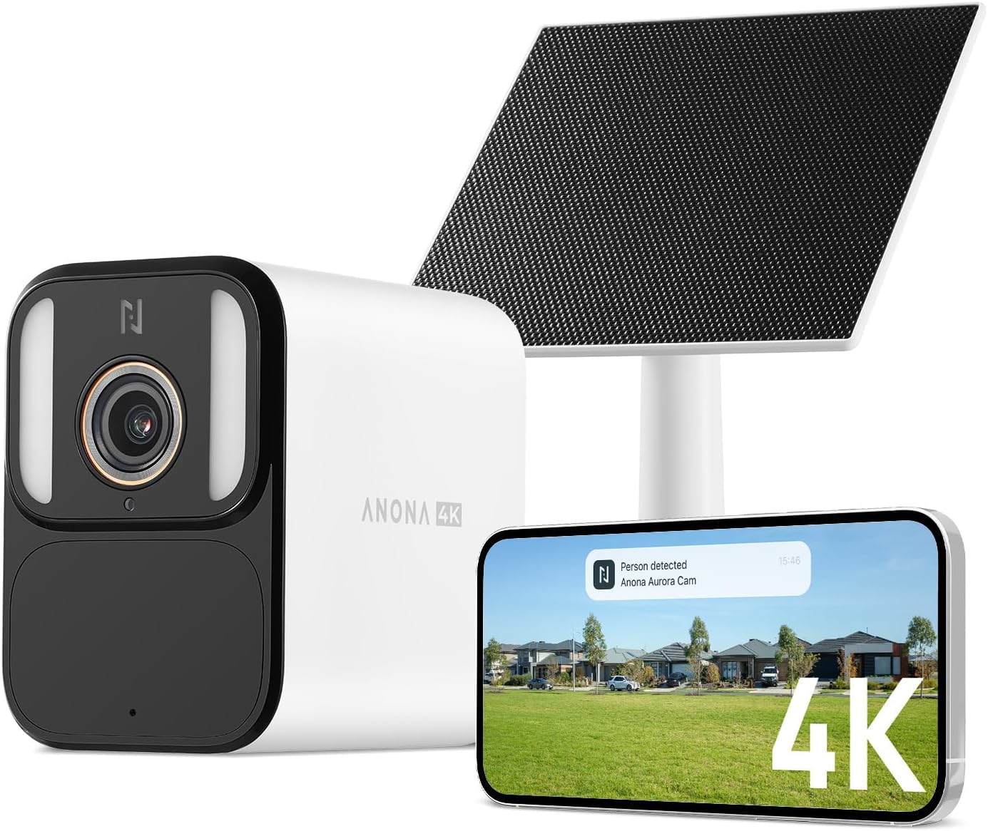 Anona Aurora 4K(8MP) Caméra Surveillance WiFi Exterieure sans Fil Solaire | Vision Nocturne Couleur, Sirène Alarme, Enregistrement AOV 24/7, Détection IA, 32 Go Local Sans abonnement, 2.4GHz, IP67