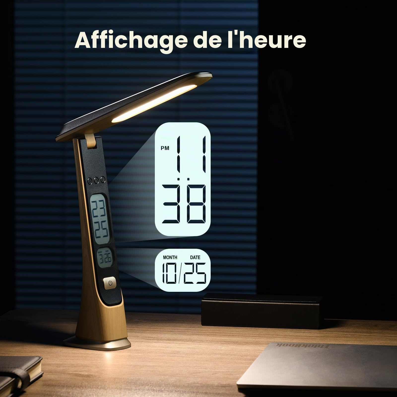 Lampe de bureau LED rechargeable, Lampe de Chevet Tactile à intensité variable avec batterie horloge affichage numérique heure activées par le toucher Portable pour la maison, la lecture,le bureau