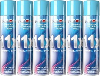 NEON Butane Refill, 11X Ultra-Refined Butane Fuel, 300ml Premium Lighter Fluid with Metal Nozzle & 5 Butane Gas Refill Adapters for Refillable Jet Flame Lighters, Torches, and Culinary Use (6)