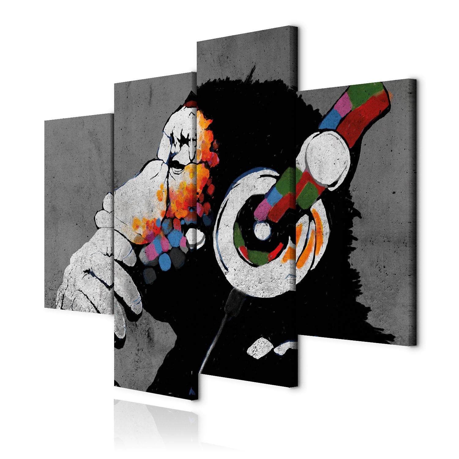 decomonkey Quadri Moderni Soggiorno Banksy Dj Scimmia, 4 pezzi, 126x98 cm | Tela strutturata su telaio in legno, decorazione da parete, musica, street art, graffiti, cuffia, astratto, colorato, grigio