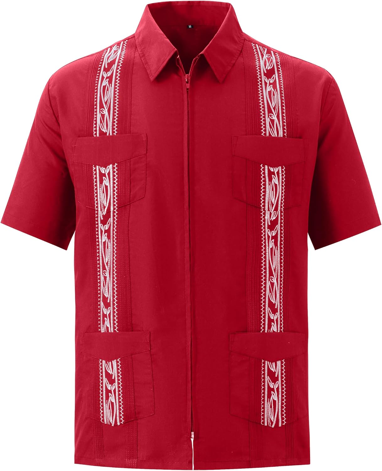MAXJON Men's Short Sleeve Cuban Guayabera Shirts Full Zip Front Mexican Hawaiian Shirt with Pockets