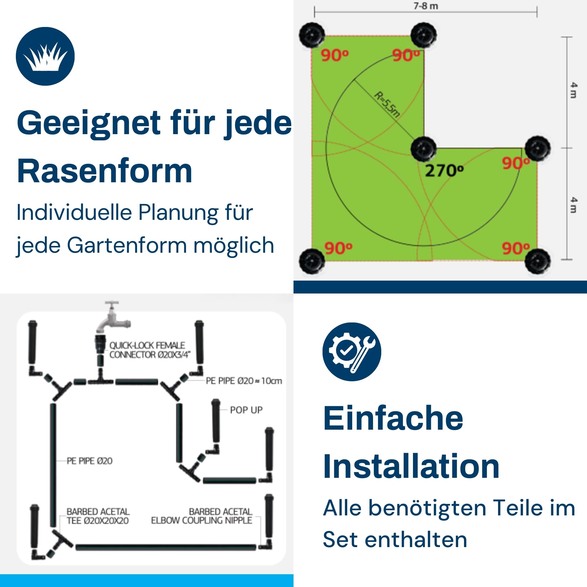 BluNature Pop-Up Bewässerungssprinkler für den Garten - Rasenbewässerung Sprinklersystem Kit - Pop-up Sprinkler mit Sprühköpfen Set für Rasenflächen bis zu 70m2