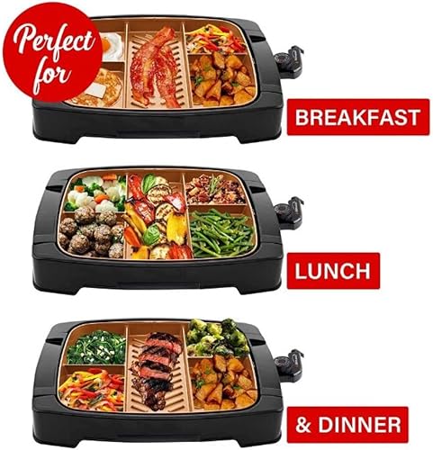 Miniatura 4 de Parrilla eléctrica de interior de 5 zonas con revestimiento de cobre antiadherente, máquina de comidas multiporciones de 1500 W, termostato