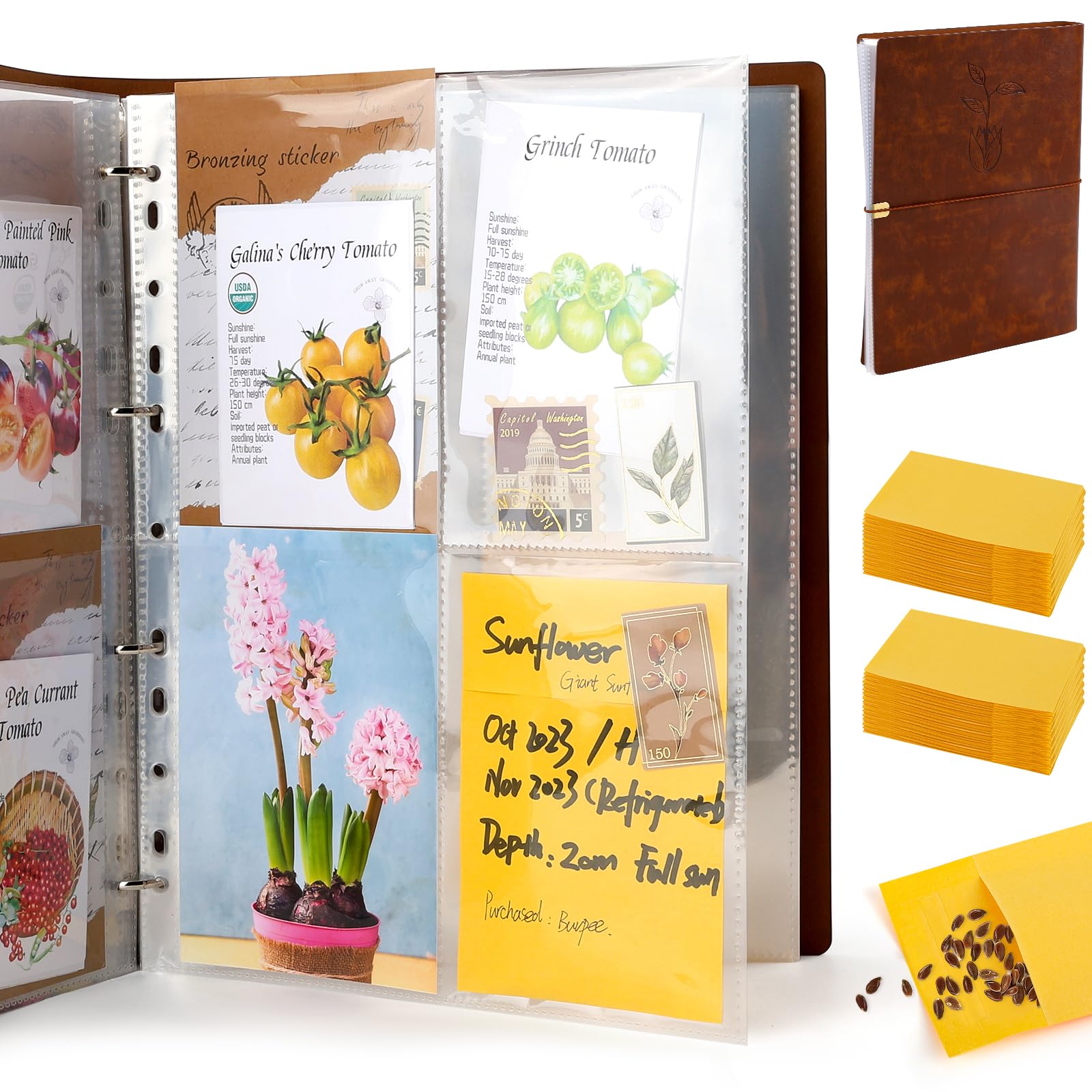 Carpeta organizadora de paquetes de semillas, paquete de planificador de jardín con 25 fundas transparentes de bolsillo (tamaño de la ranura 3.9 x 5.5 pulgadas), 50 sobres de almacenamiento de
