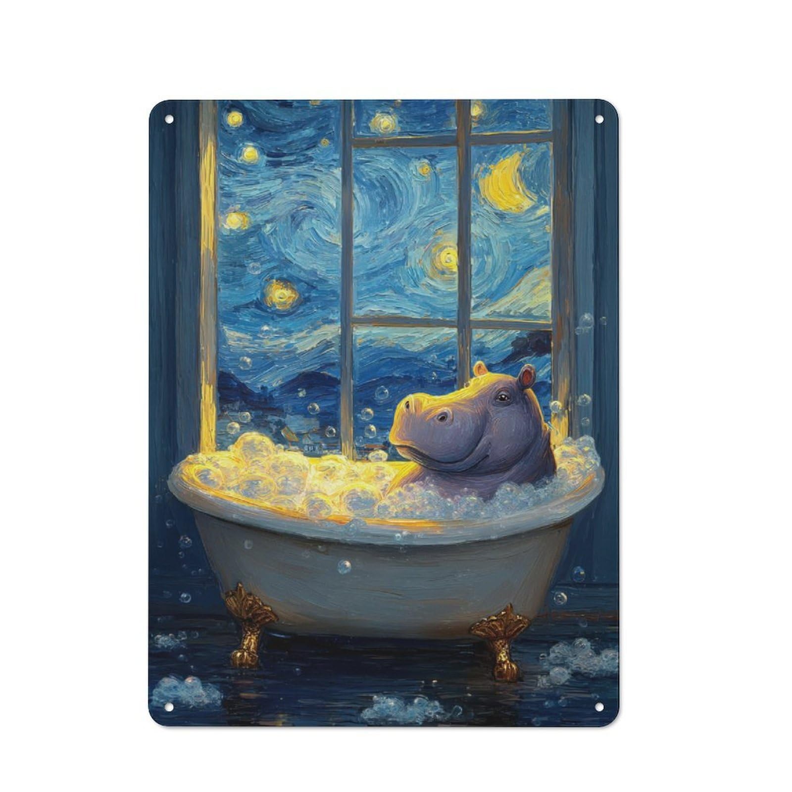 Junmoney Hippopotamus Bathing Under Starry Night Metal Sign 40X30cm, Vintage Bar Wall Plaque For Diner, Restaurant, Shed Or Kitchen