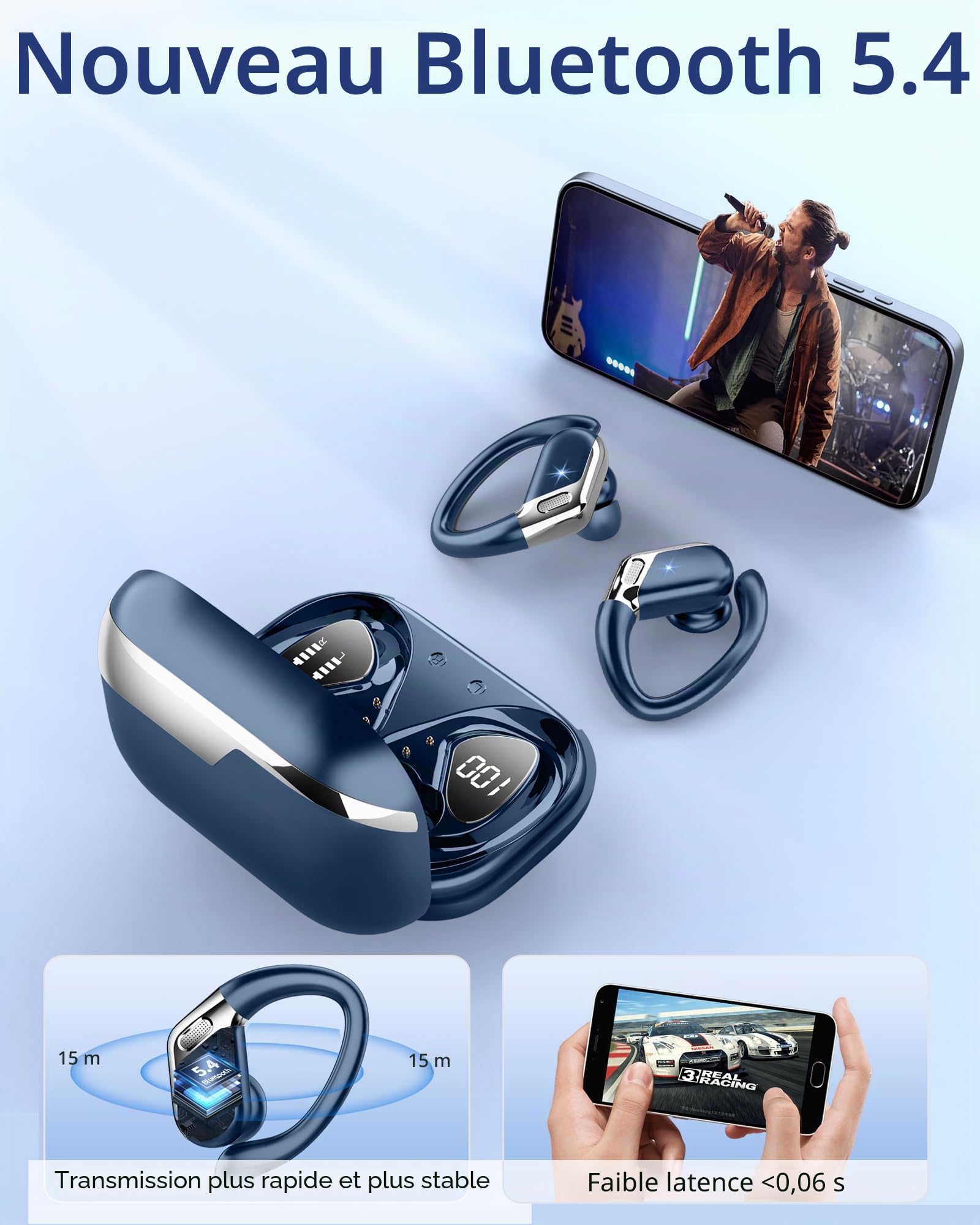 Ecouteurs Bluetooth sans Fil Sport, 2025 New Écouteur Bluetooth 5.4 avec Micro 50H Durée Lecture Oreillette Bluetooth, IP7 Étanche Casque, USB-C Charge Rapide, pour Running Fitness Yoga (Bleu Marine)