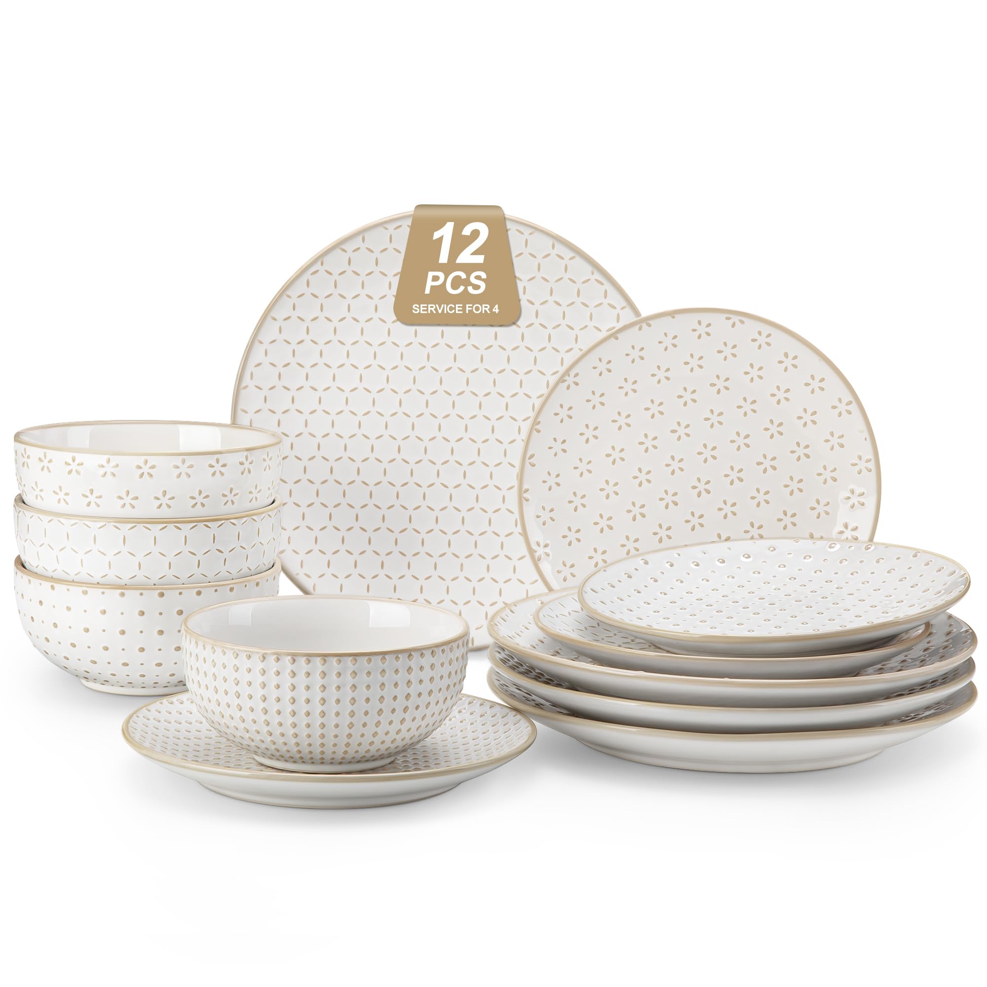 MALACASA 12-częściowy zestaw obiadowy dla 4 osób, zestawy talerzy i misek, 12 sztuk, wytłaczane zestawy obiadowe z kamionki, ceramiczne zestawy obiadowe, nadają się do kuchenki mikrofalowej, seria