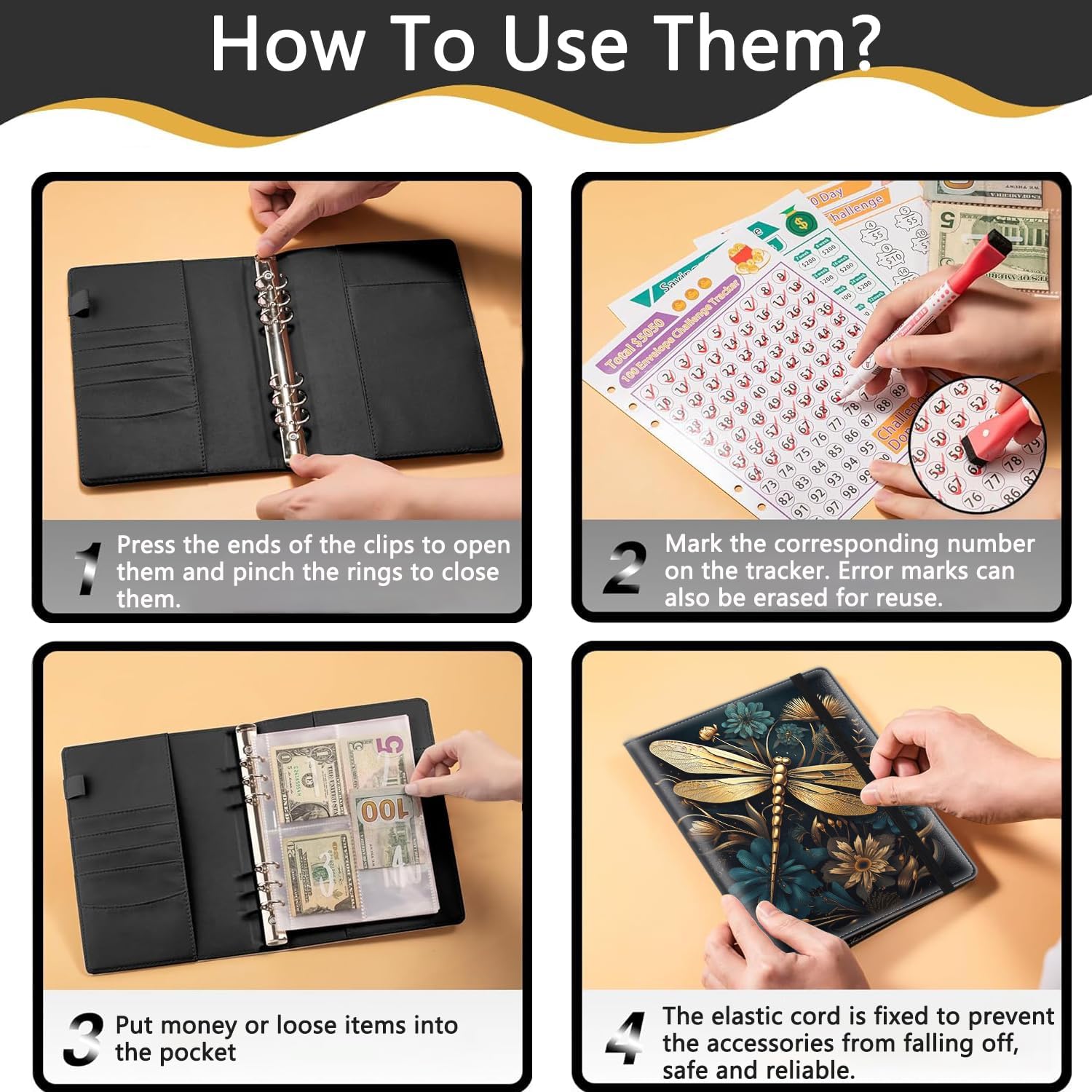 100 Envelopes Money Saving Challenge, A5 Budget Binder with Cash Envelopes & 3 Budgeting Planner Trackers to Save $5,050 Money ，Savings Challenge Book for Organizer, Dragonfly Art