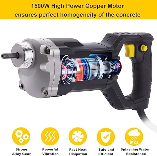 Miniatura 2 de Herramienta de vibración de hormigón de mano, vibrador eléctrico de hormigón de 1500 W con varilla de eje de 6.6 pies, vibrador de cemento portátil