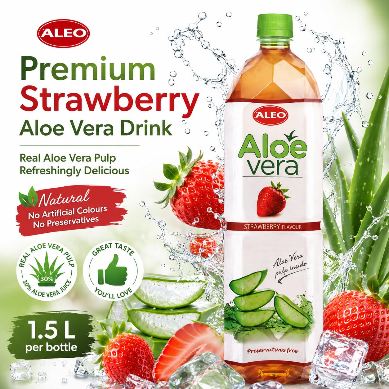 ALEO 1.5L Strawberry Aloe Vera Drink - Natural, No Preservatives, No Artificial Colors Superior Taste Award 2025