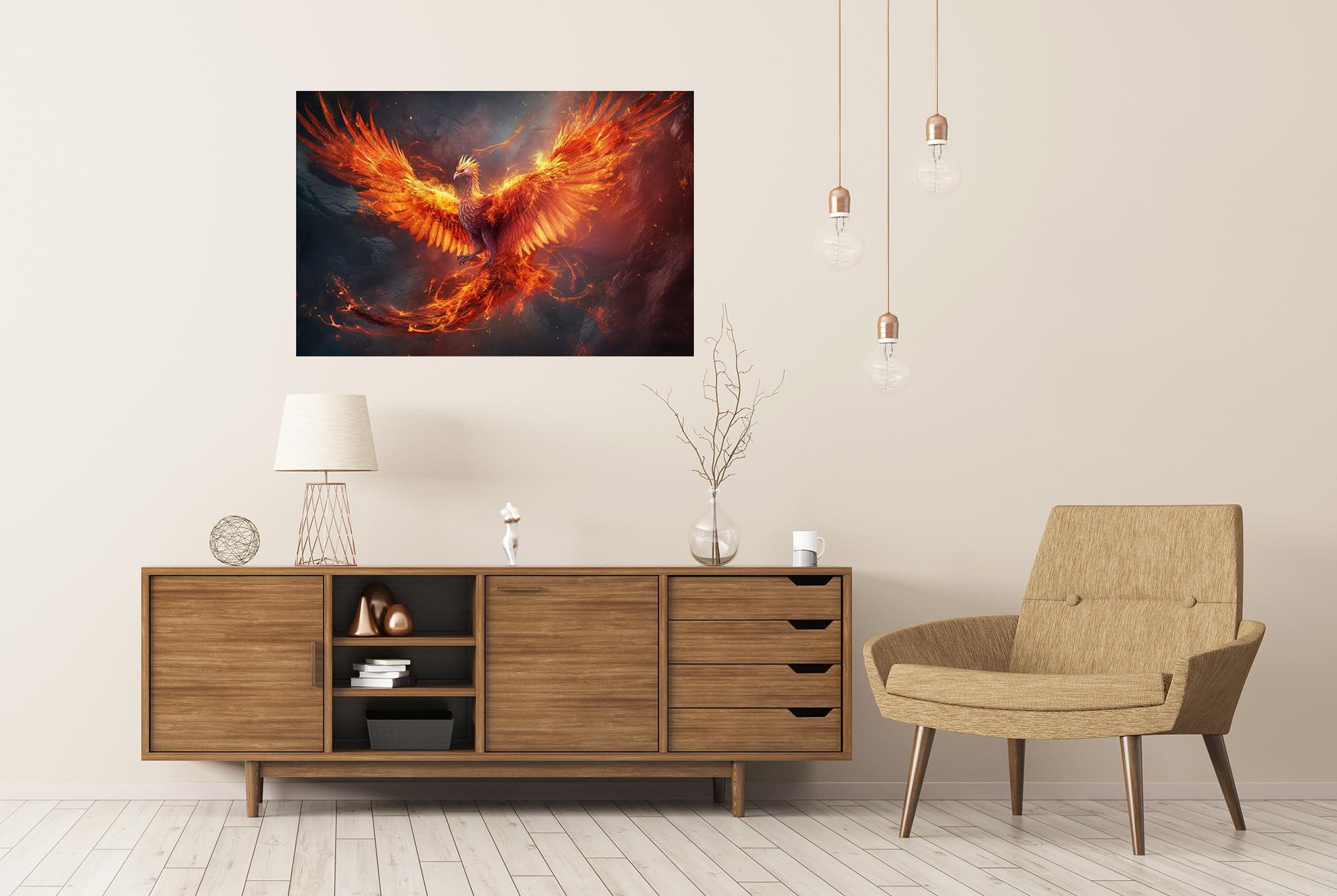 Quadro Su Tela "Fenice Bruciante" 120x40 Cm - Stampe Murali Colorate, Decorazione Parete Moderna