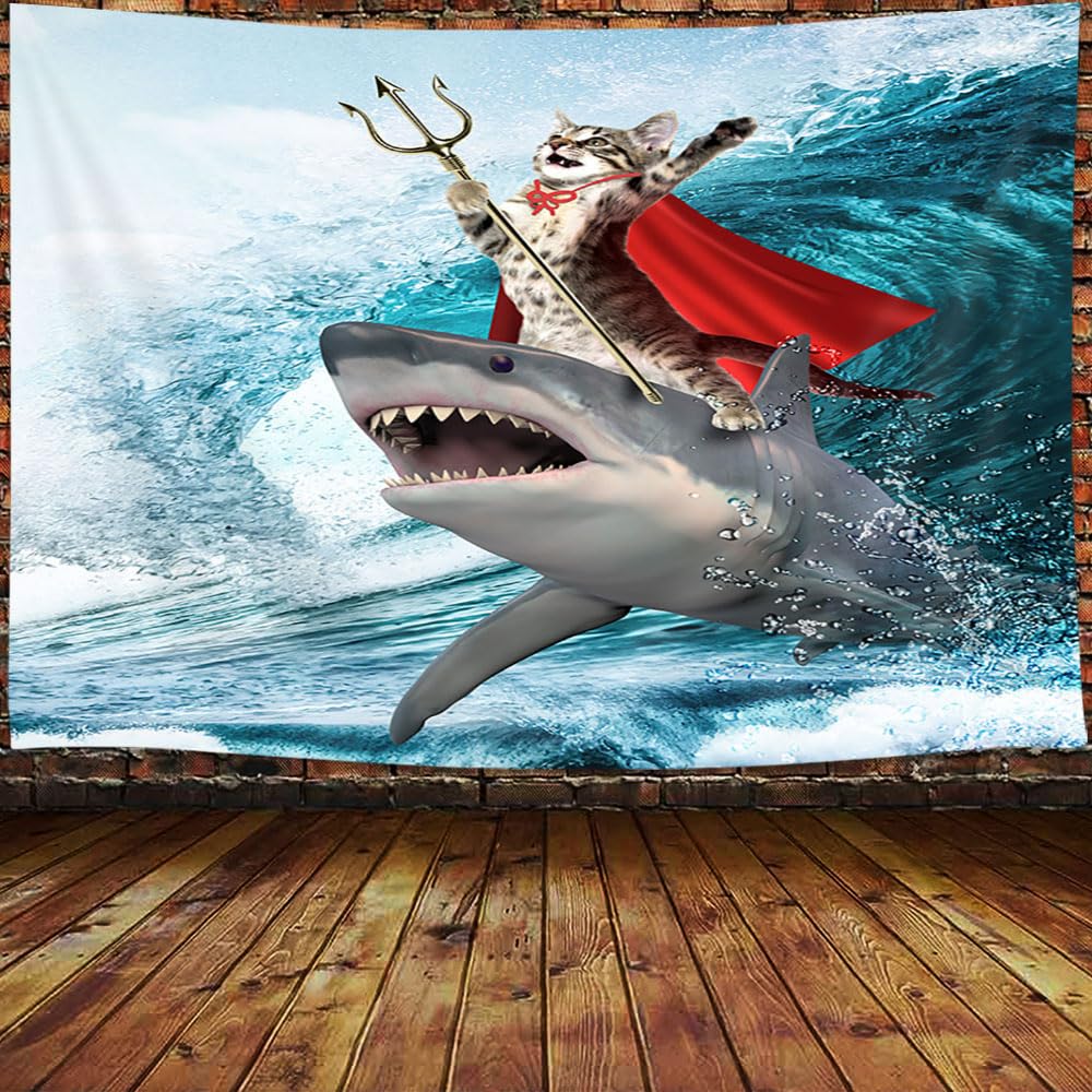 Hilarious Cat Riding Shark Tapestry, Japanese Wave Anime Art for Bedroom, Kids Dorm 48x36 Inch