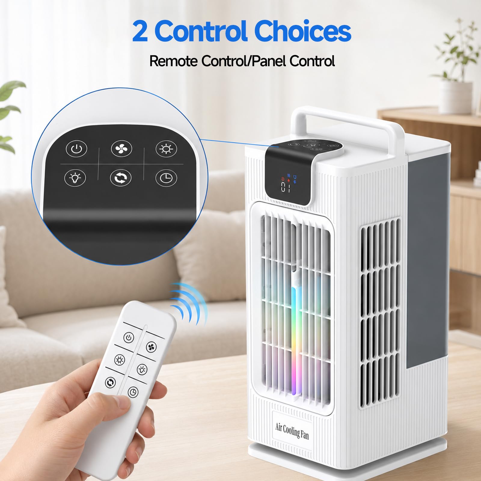 Refroidisseur d'air évaporatif 4-en-1,2L Ventilateur Rafraîchissant Portable avec Télécommande,Oscillation 120°,4 Vitesses 3 Brumisation,Minuterie 1-8H,pour Chambre Bureau Maison (Blanc, 2L)