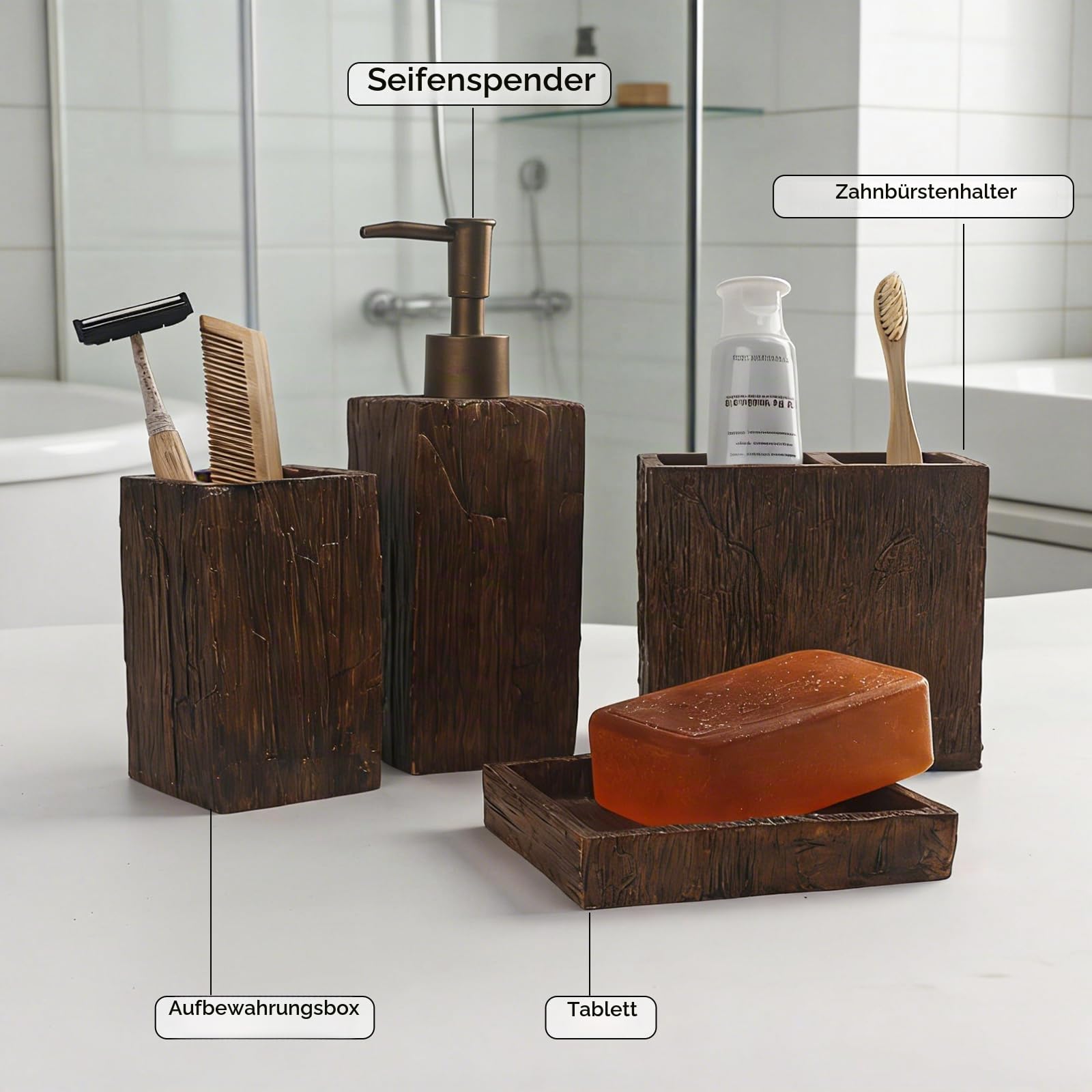 4-teiliges Vintage Badezimmer-Set, Badaccessoires mit Retro Alt-Holz-Optik, Seifenspender Zahnputzbecher Seifenschale Aufbewahrungsbox, Holzoptik Bad Deko