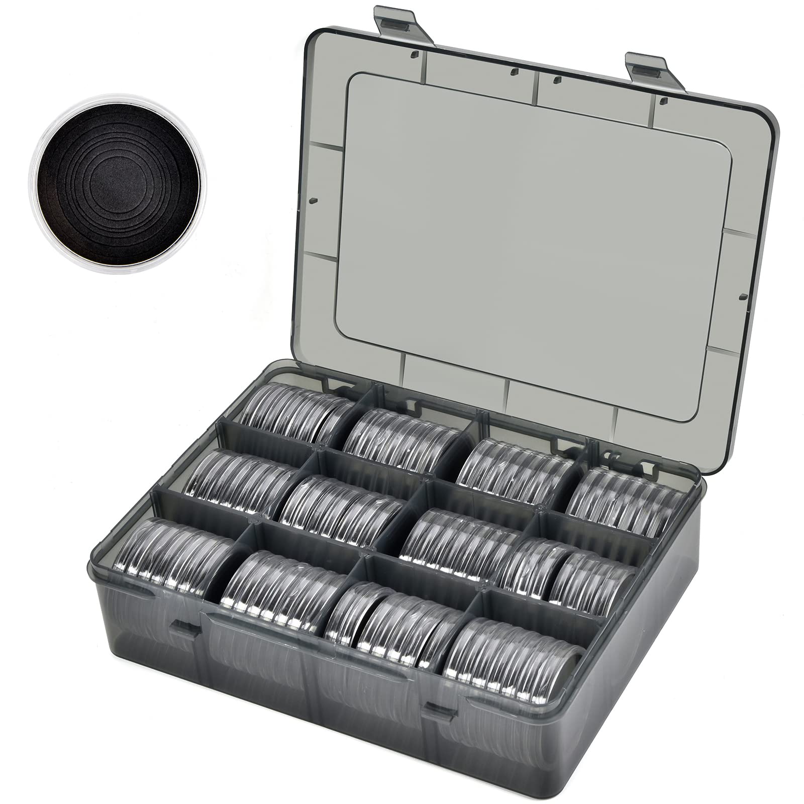 84 Pieces 46 mm Coin Capsules, with Foam Gasket and Plastic Storage Organizer Box, Coins Holder Collector Case for Coin Collection Supplies 7 Sizes (16/20/25/27/30/38/46mm)-Gray Case+Black Gasket
