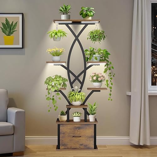 Miniatura 8 de Soporte para plantas de interior con luces de crecimiento, estante para plantas de 8 niveles con cajón de almacenamiento, estante para plantas de 65