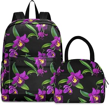 MCHIVER Cattleya Orchid Leaves Black School Backpacks for Boys & Girls Light Weight Bookbag set with Lunch Box Daypacks for Middle Elementary School 2 Pcs 16.5 Inch