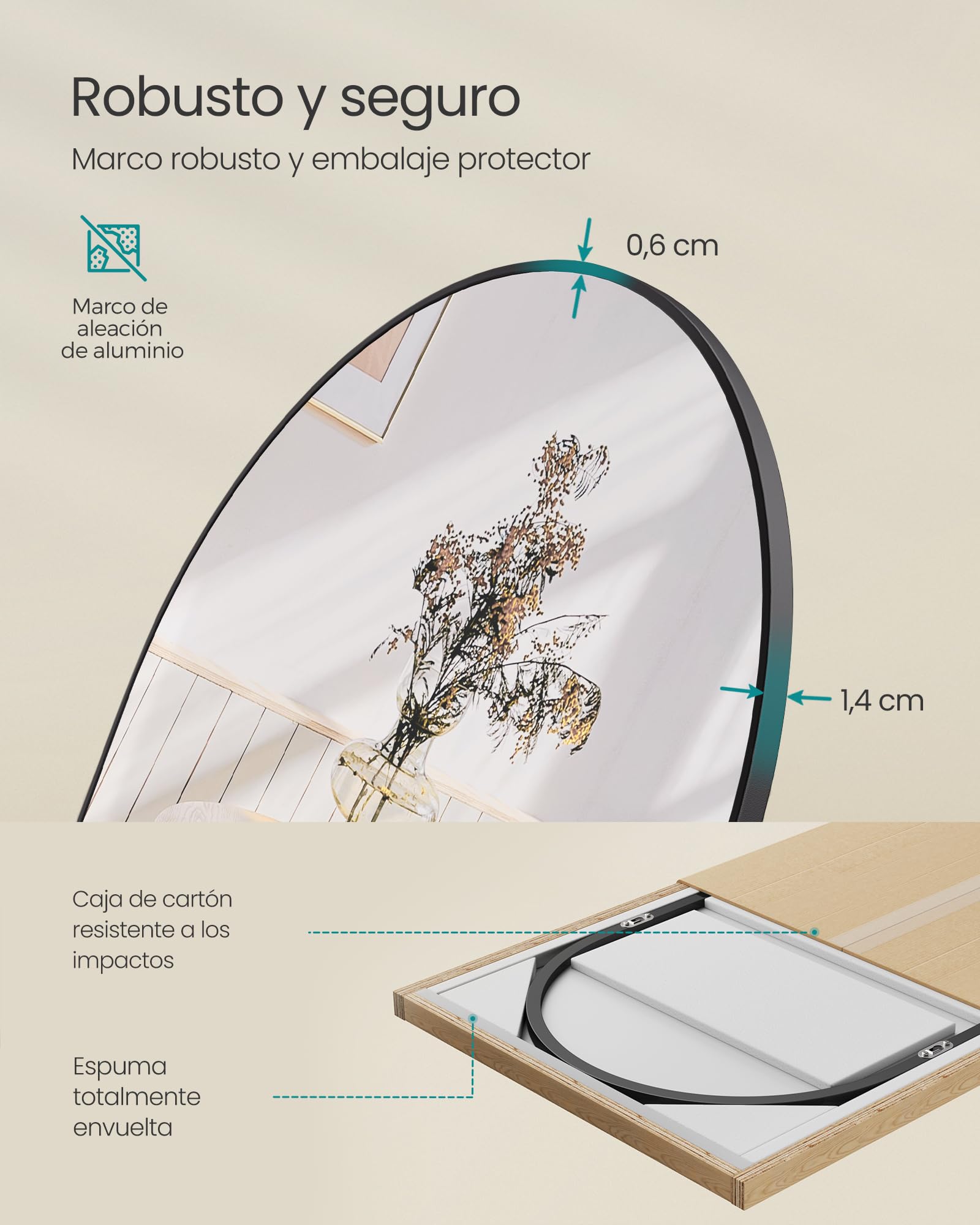 SONGMICS Espejo de Cuerpo Entero, 160 x 50 cm, Espejo Arqueado con Soporte, con Marco de Aleación de Aluminio, Cristal Templado, para Dormitorio, Salón, Vestuario, Navidad, Negro Tinta LFM031B01