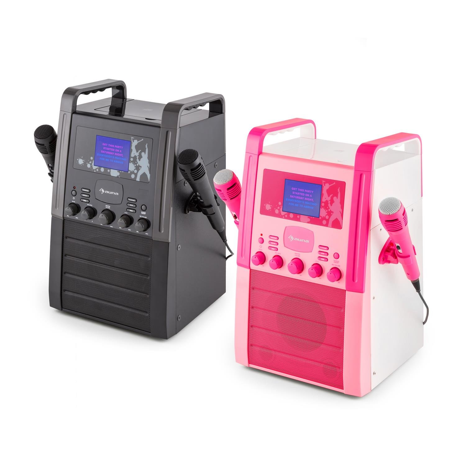 AUNA KA8P-V2 BK - Reproductor de Karaoke, 2 micrófonos, Altavoces, Reproductor CD+G, Pantalla TFT, Salida Video, AUX, Rosa