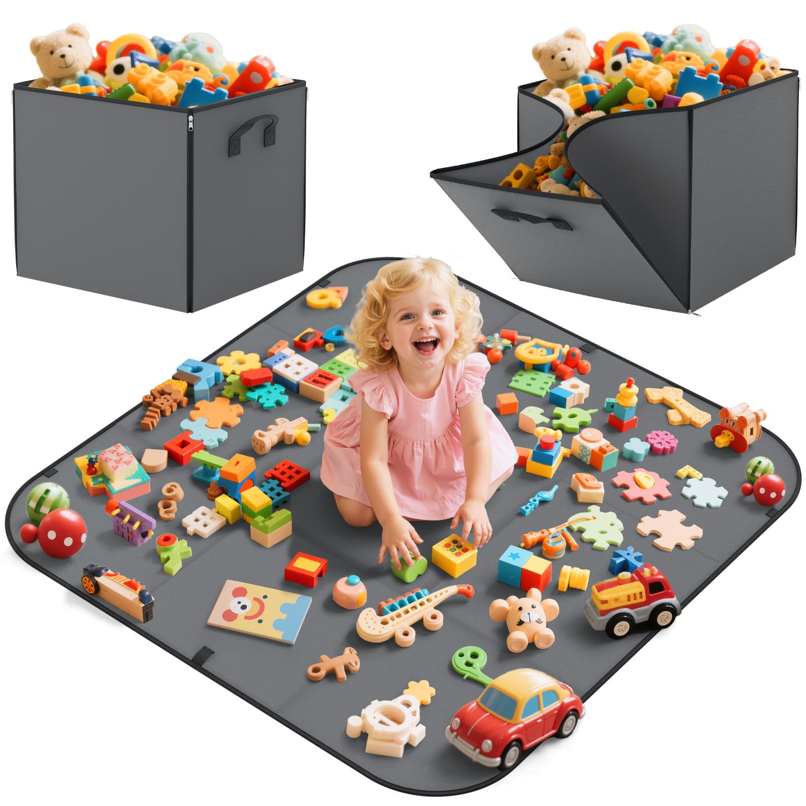 YOHOOLYO 2 In 1 Toy Storage Play Mat, Storage Box for Kids Children Space Adventures Design,Nursery, Playroom, Basket for Building Bricks Blocks Collapsible Cube Bin, 15