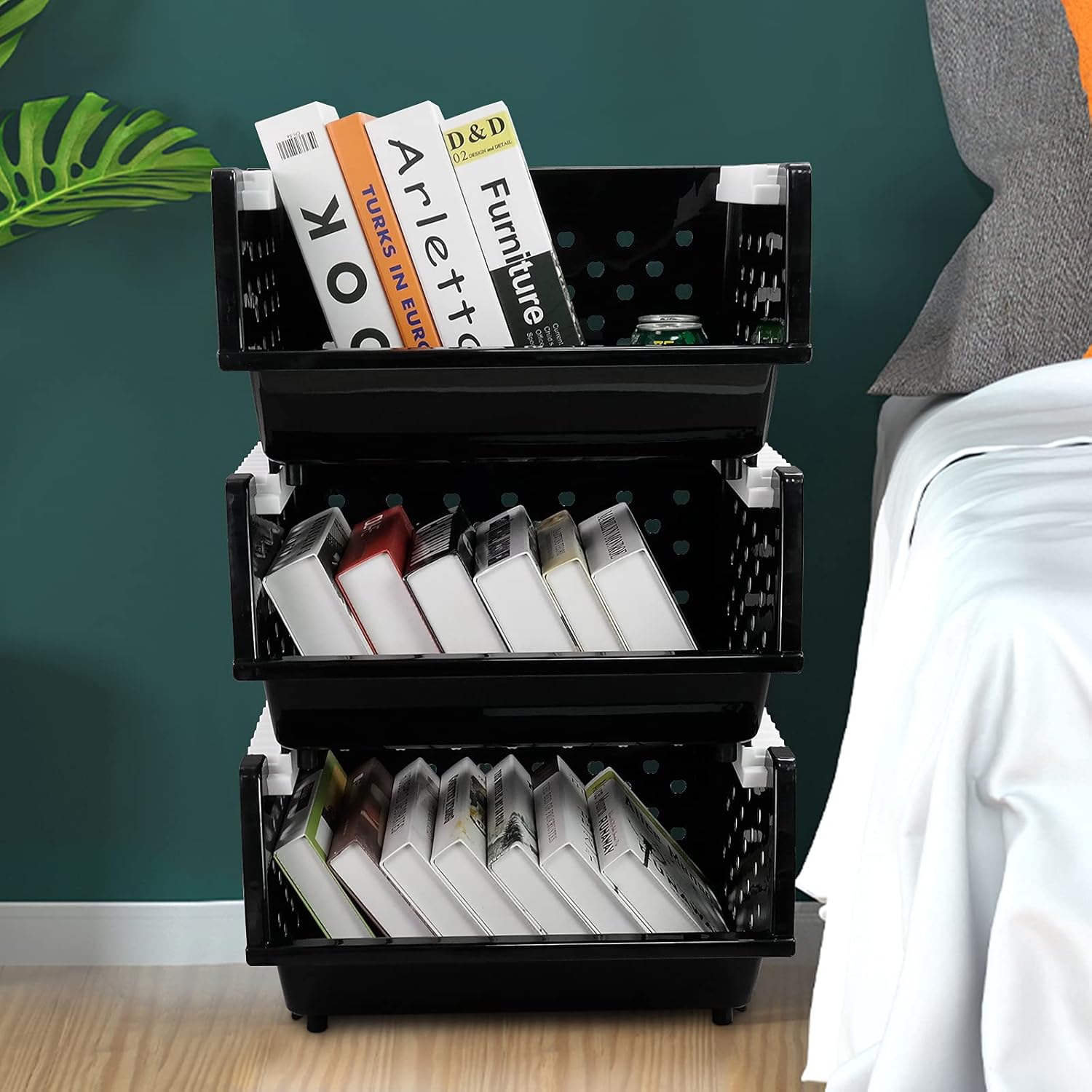 Teyyvn 3 Packs Plastic Stackable Storage Baskets, Stacking Plastic Bins for Organizer