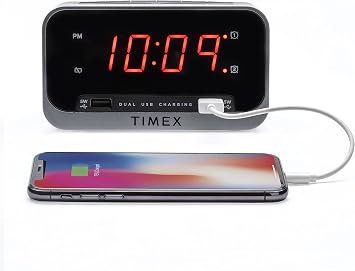 Timex Bedside Alarm Clock with Dual USB Charging, Dual Alarm, Nightlight, Snooze bar, and Battery Backup T1300