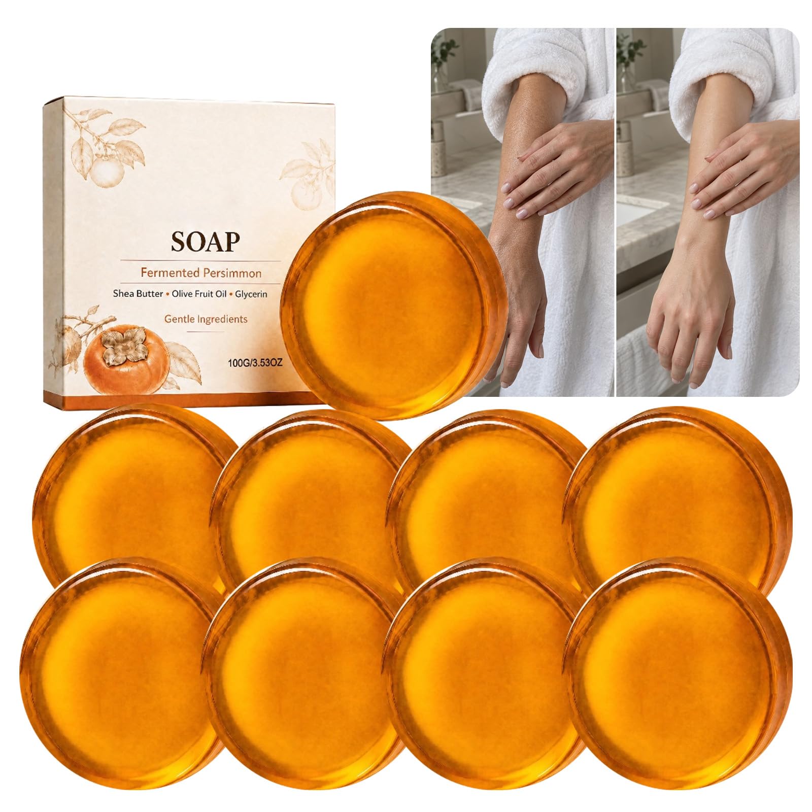 Barra di Sapone al Cachi Fermentato con Pulizia Quotidiana del Corpo, Torta da Bagno Deodorante, Sapone per il Corpo all'Estratto di Cachi per la Cura Quotidiana degli Odori, Bagno Kaki (9PCS)