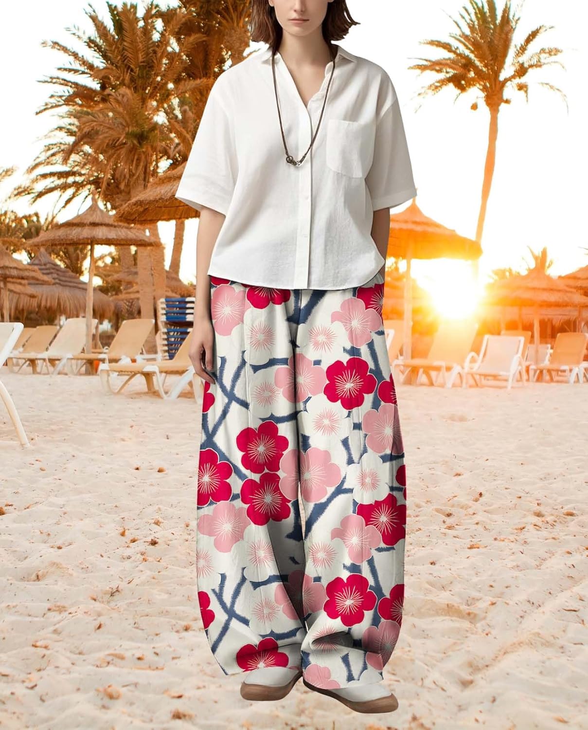 Boho Casual Pants for Women 2025 Summer Floral Printed Wide Leg High Waist Loose Trousers Yoga Comfy Lounge Pant