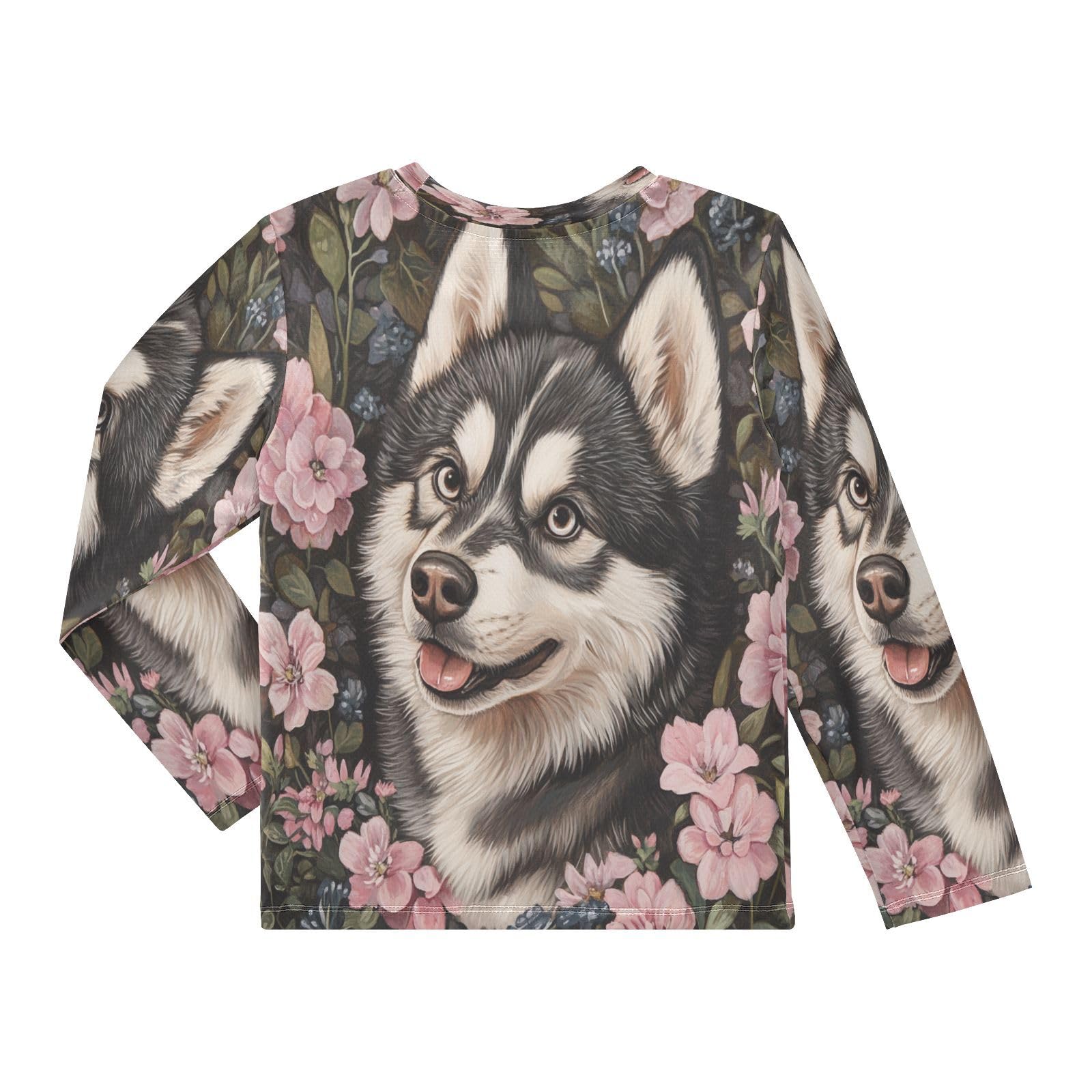 Husky Pink Flowers Boy's Rash Guard Swim Shirt Long Sleeve Sun Shirt for Running Swiming Pool UPF50+ 4T
