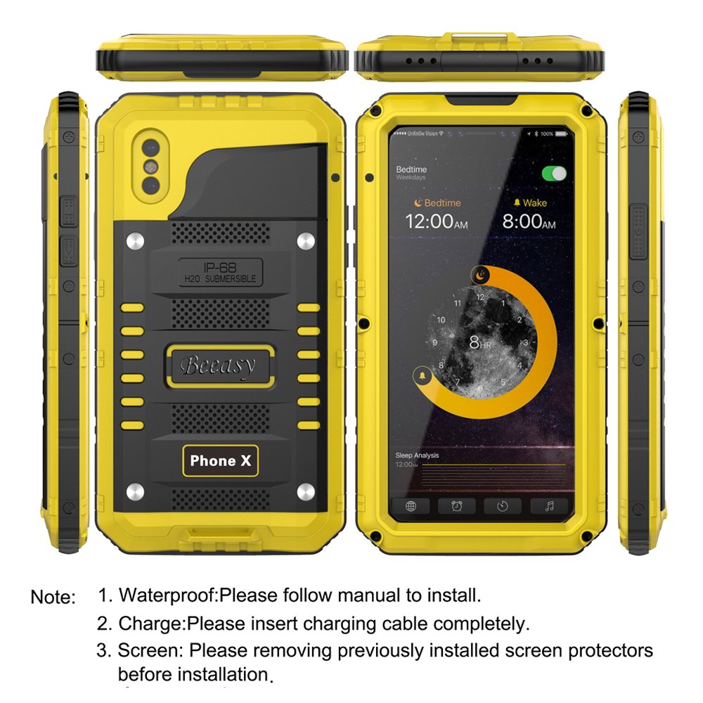 Beeasy Cover iPhone X Impermeabile Antiurto Giallo, IP68 Waterproof Custodia Protettiva Full Body con Protezione dello Schermo, AntiGraffio Antineve Anticaduta Robusta Militare Subacquea Case