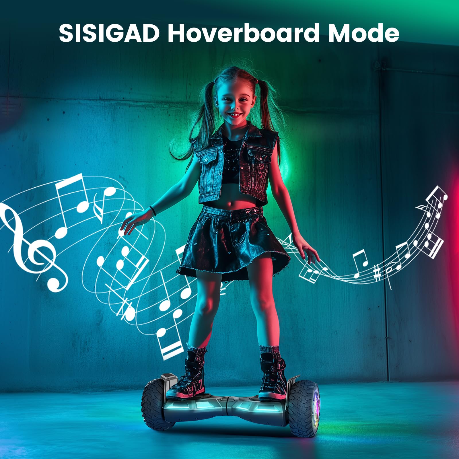 Hoverboard mit Sitzbefestigung, 8.5Zoll Self Balancing Scooters Go Kart mit Bluetooth und LED Lichtern, Gun+Black