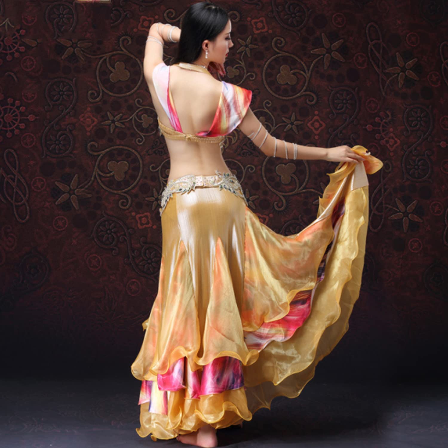 Tzdd Women's Belly Dance Dress Handmade Beaded Bra 3 Piece Set Halloween Belly Dancer Professional Performance Dancing Skirts,Gold,M