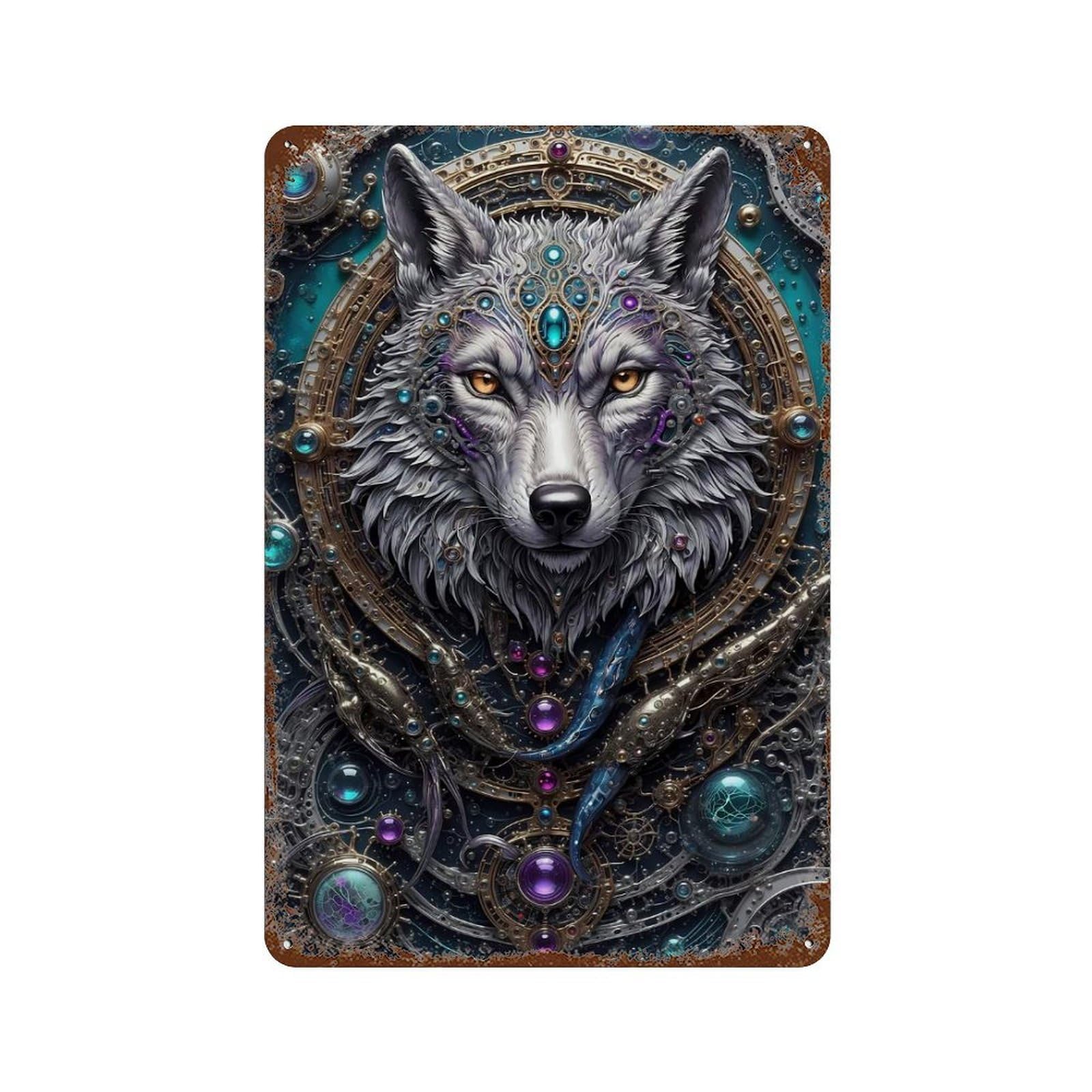 Rusty Metal Tin Sign with Wolf Engine Portrait Design 11.8"x7.9", for Farmhouse, Kitchen And Entryway Decor, Classic Wall Plaque