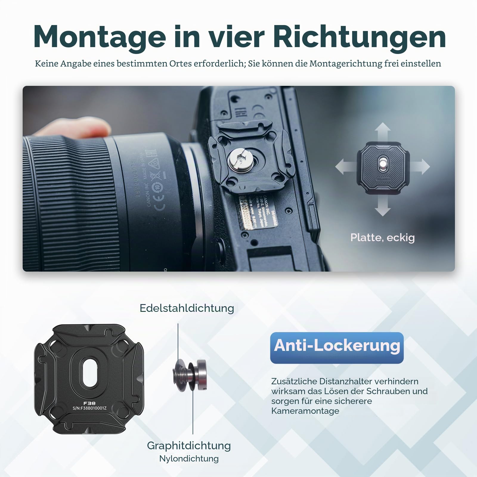 FALCAM F38 Schnellwechselplatten Kit V2, Basis und Platte, mit 1/4" & 3/8" Adapter, Aluminiumlegierung, Anti-Lockerungs-Design, kompatibel mit Arca Swiss, für Stative/Einbeinstative/Stabilisatoren
