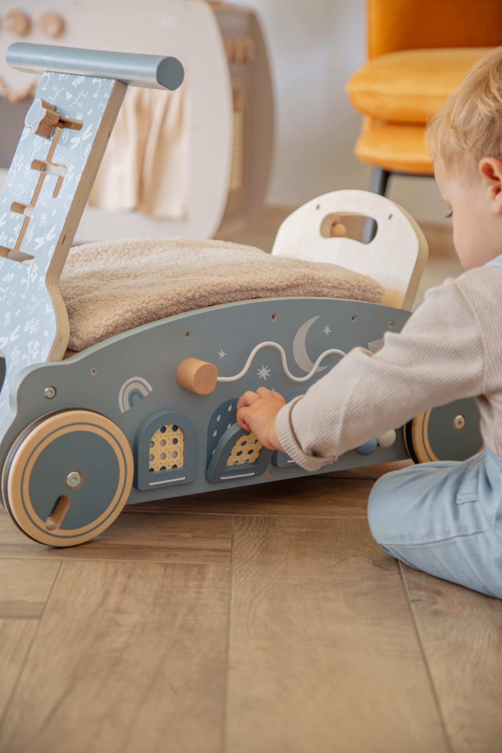 3in1 Lauflernwagen aus Holz personalisiert Olive – Lauflernhilfe, Rutscheauto & Wippe in einem – Montessori Motorikspiel – Stabiler Baby Schiebewagen für erste Schritte – Geschenk zum 1. Geburtstag