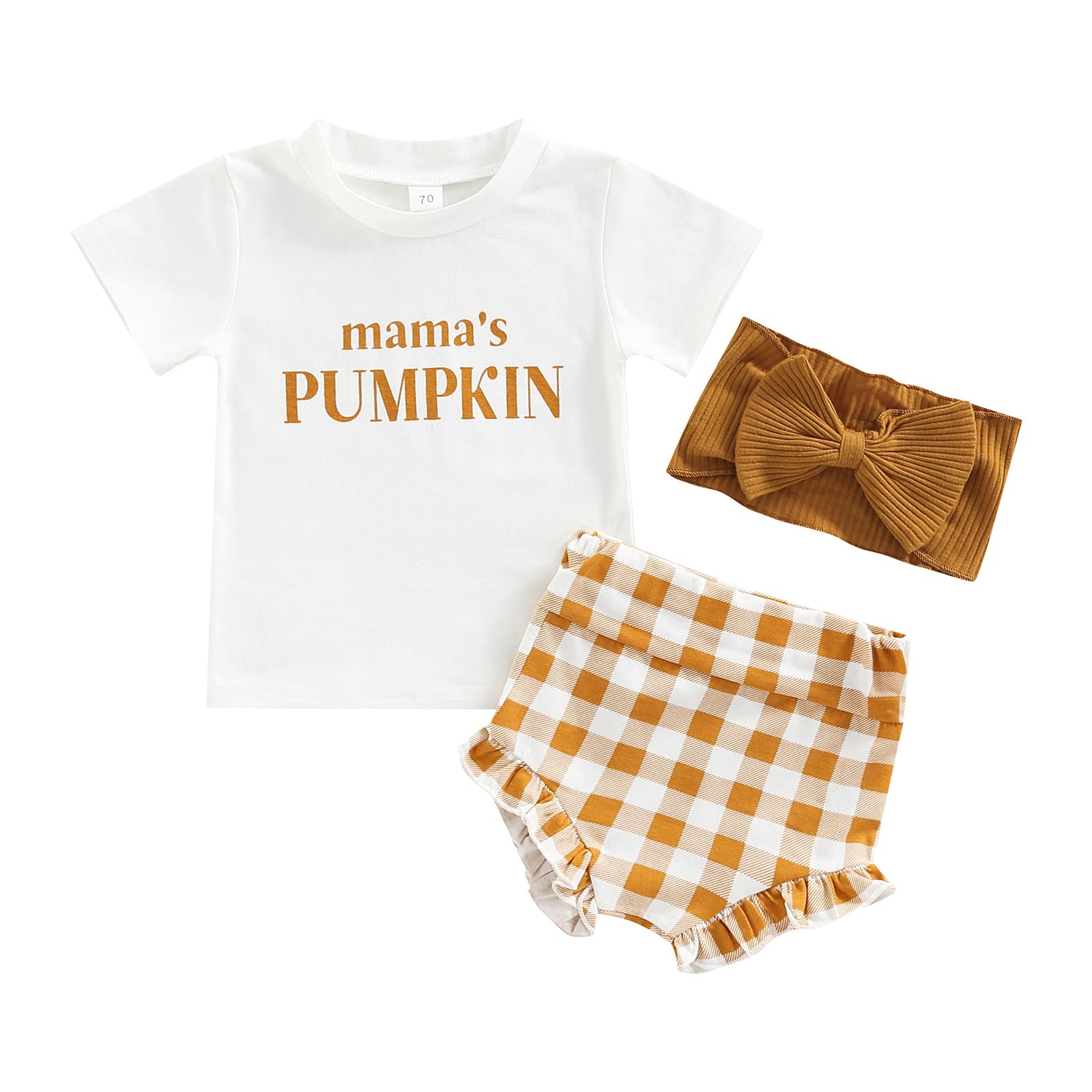 3Pcs/Set Baby Girl Mama's Pumpkin/Santa Baby T-Shirt Top High Waist Plaid Shorts Headband Halloween Christmas Outfits (Pumpkin Color, 6-12 Months)