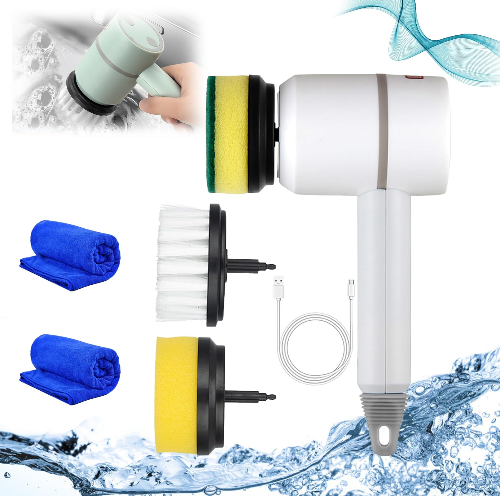 Dish Buddy - Dish Buddy Electric, Dish Buddy Electric Spin Scrubber, 360° Rotating Multifunctional Cordless Electric Cleaning Brush with 3 Replaceable Brush Heads, for Kitchen Bathroom (White)