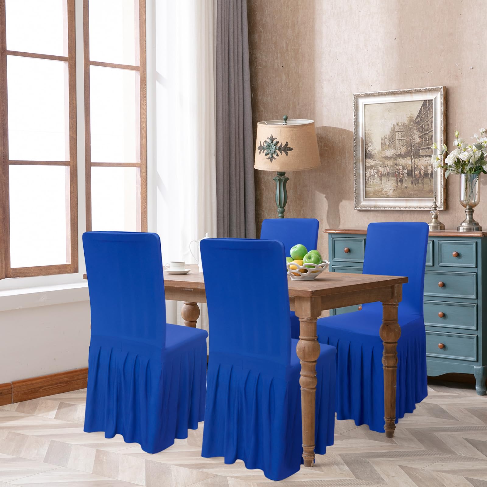 Babenest 2pcs Chair Cover with Long Skirt, Washable Universal Parson Chair Protector, Anti-Dirty Stretchy Dining Room Skirted Chair Slipcover Extended Version for Home, Ceremony, Party(Royal Blue)