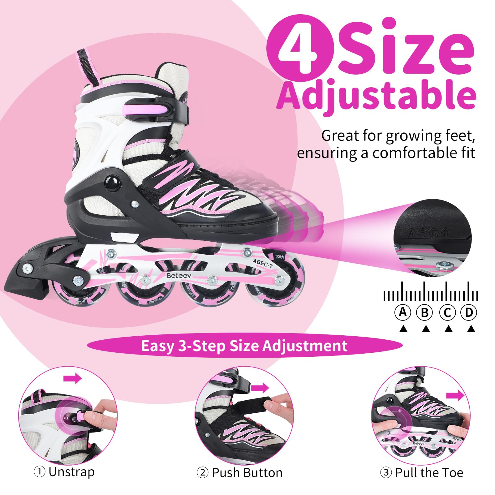 BELEEV Patines en Línea para Niños con Cordones y Ruedas Luminosas LED, Austables Patines Ideal para Niña Niño Principiantes Hombres Mujeres, Interiore Exteriores, Regalos cumpleaños Navidad - 4