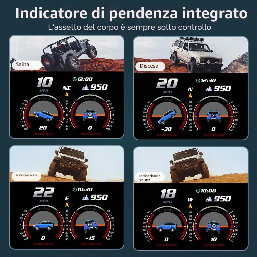 Display Head-Up universale (HUD) per auto, OBD2 e GPS, doppia modalità con inclinometro, avviso di velocità e allarme affaticamento, multilingue, commutabile km/h/mph