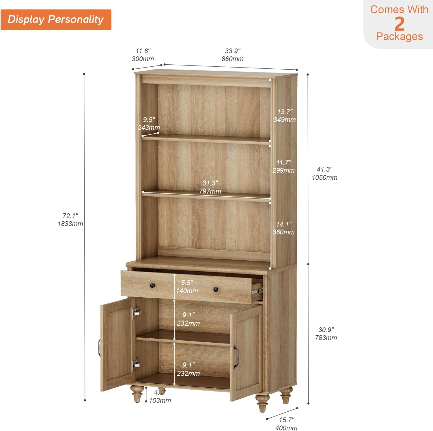 (Incomplete) WAMPAT 5 Tier Bookshelf 72\" Tall Bookcase with Barn Doors, Large Farmhouse Display Book Shelf with Wood Doors and Storage Cabinet，Library Wooden Bookshelves for Living Room, Office, Kitchen, Oak 1 Pcs Oak