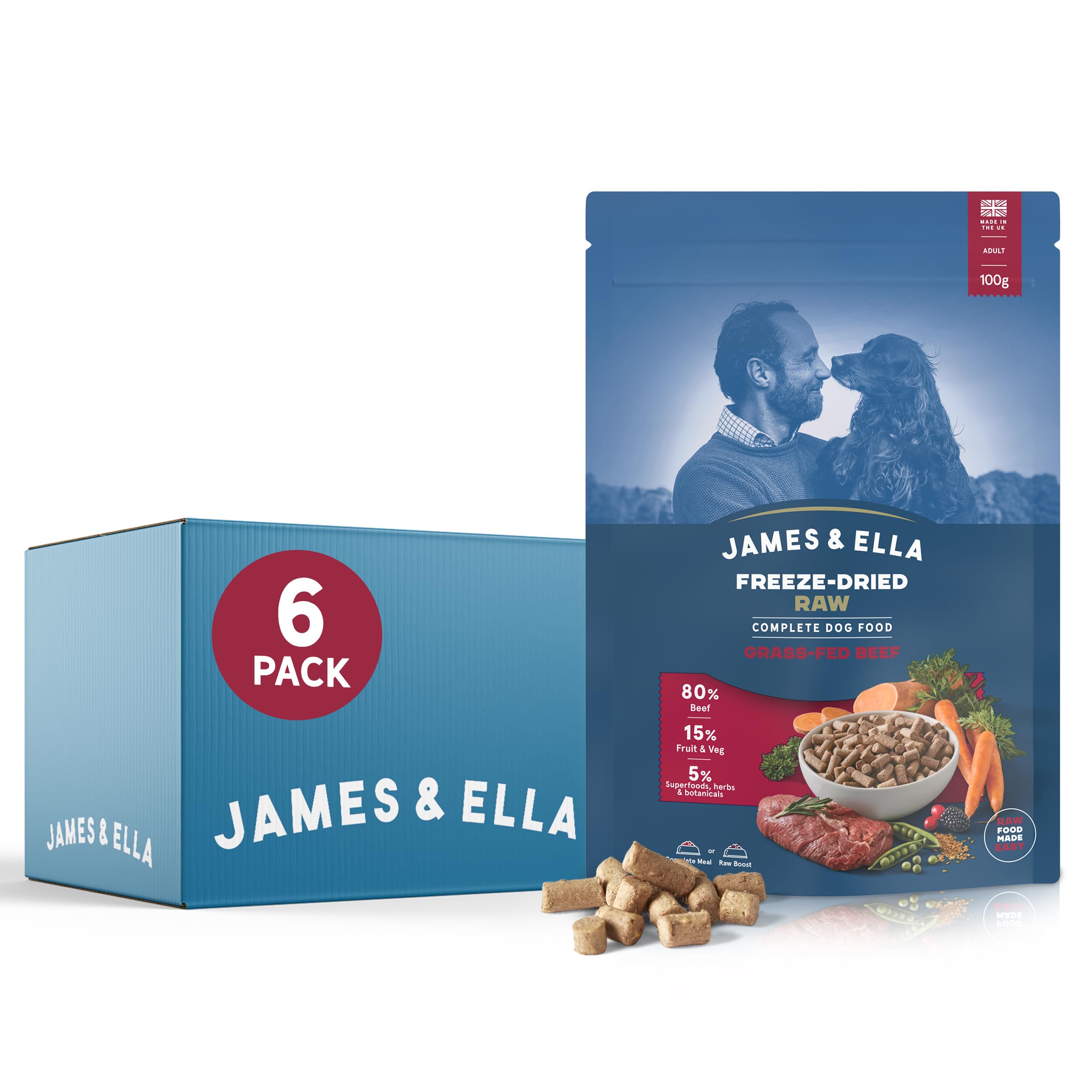 James & Ella Complete Freeze-Dried Raw Dog Food, Grass Fed Beef (6 x 100g), Freeze-Dried Dog Food, Packed with Protein, Essential Oils & Minerals for Healthy Dogs, Lightweight & Gluten Free