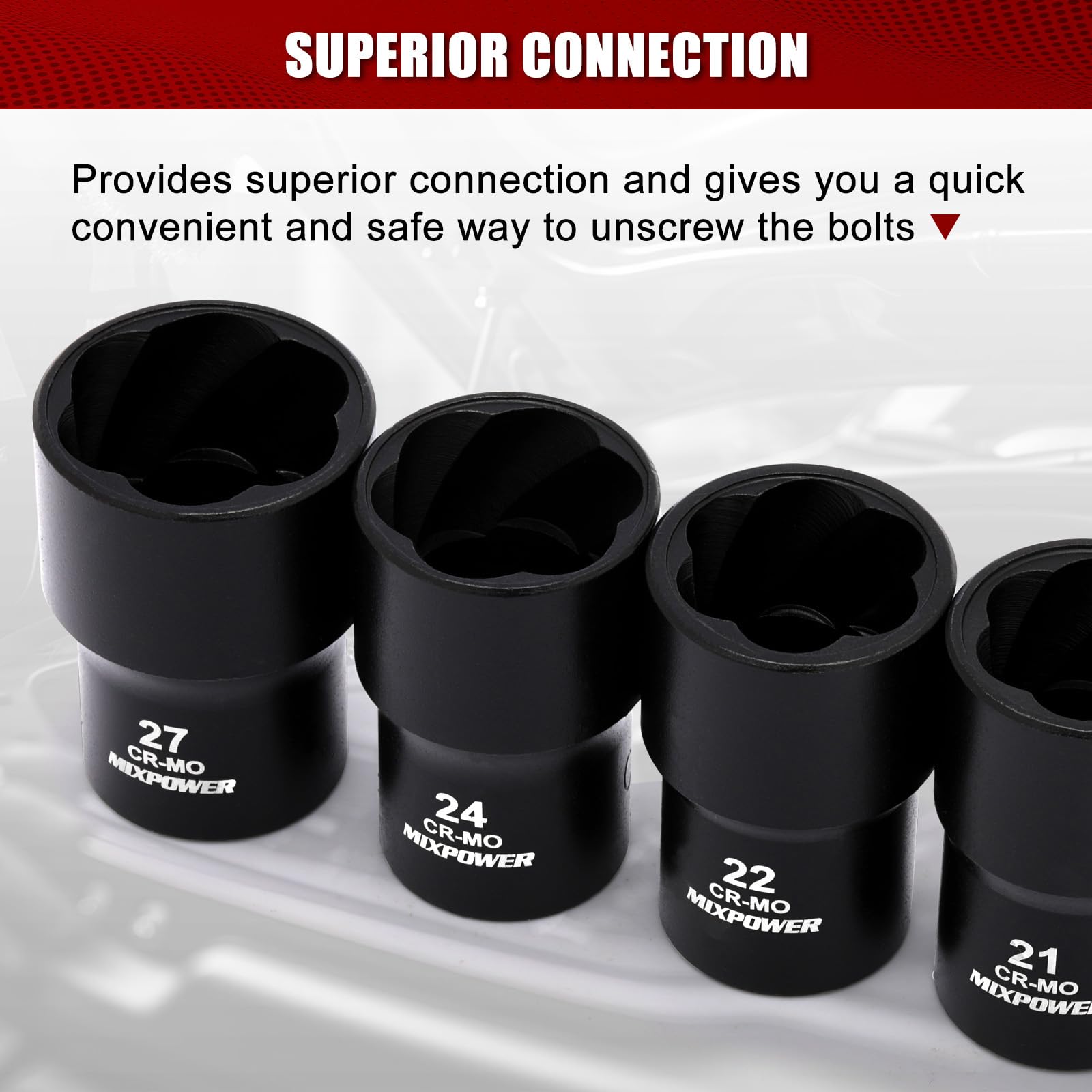 MIXPOWER 16 pezzi 1/2 pollici Drive Impact Bolt and Nut Extractor Socket Set, Stripped Lug Nut Remover Include Hex Shank Adapter & Pin Bar, per Removing Damaged Rusted Broken Rounded Fasteners Off