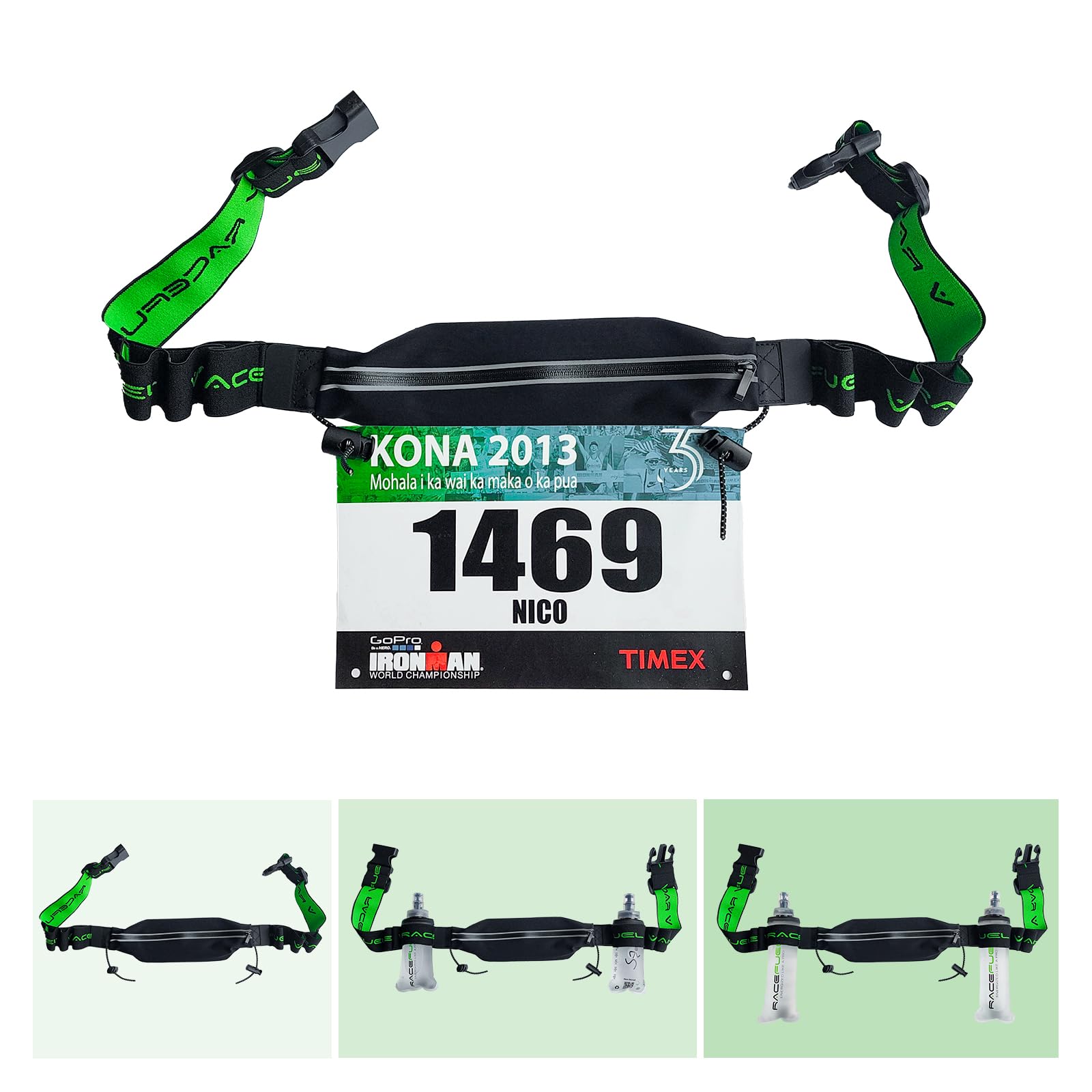 Cintura Porta Pettorale RaceFuel Triathlon Con Tasca Per Cellulare E 6 Supporti Per Gel/Softflask – Per Corsa, Ciclismo, Maratona – Include 2 Flaconi 250ml