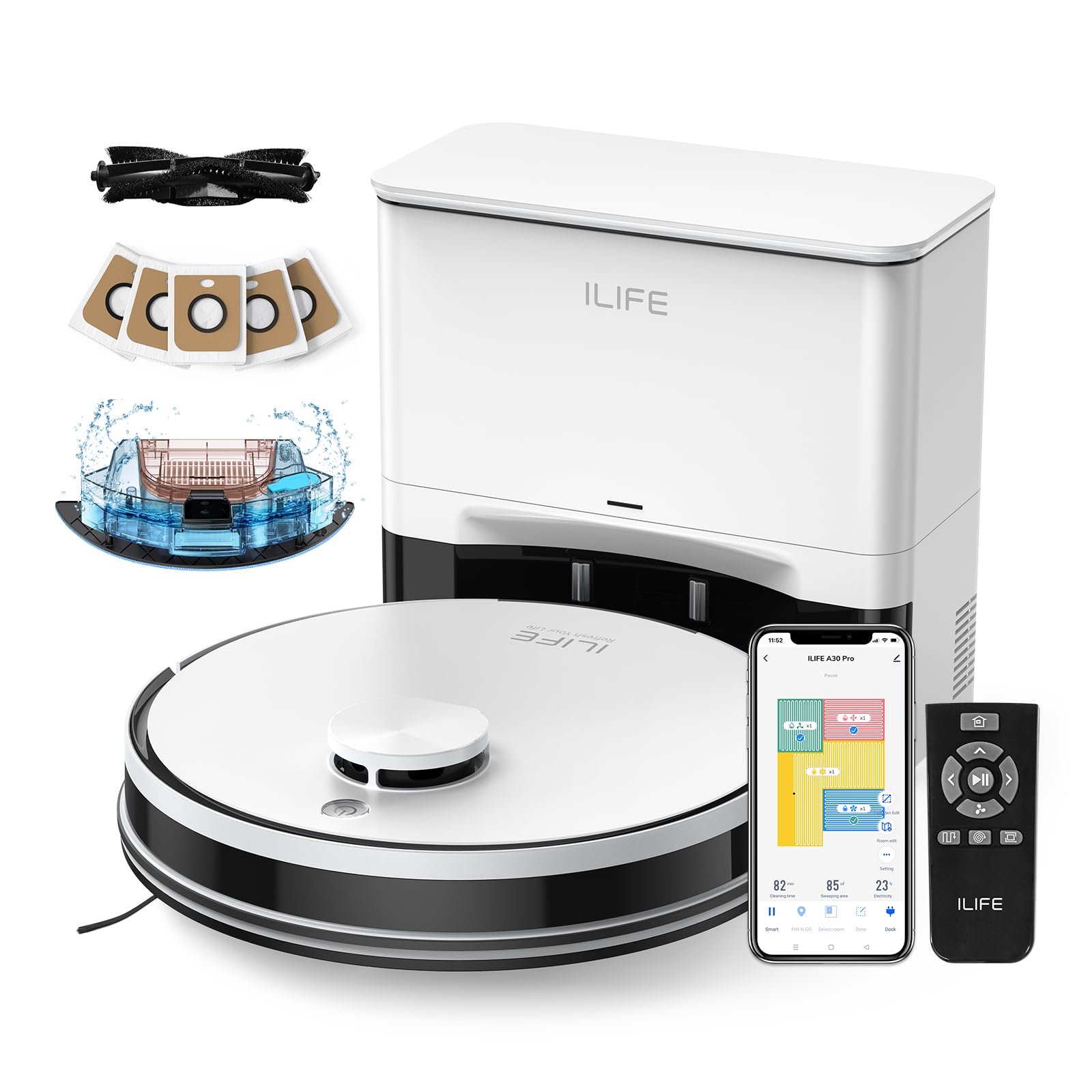 ILIFE A30 Pro Aspiradora y Trapeador, Estación de Autovaciado para 60 Días, Succión 5000Pa, Navegación LiDAR, WiFi 2.4G/App | Succión 5000Pa, Navegación LiDAR, WiFi 2.4G/App/Alexa/Control Remoto, Cepillo Rodillo para Alfombras y Suelos Duros