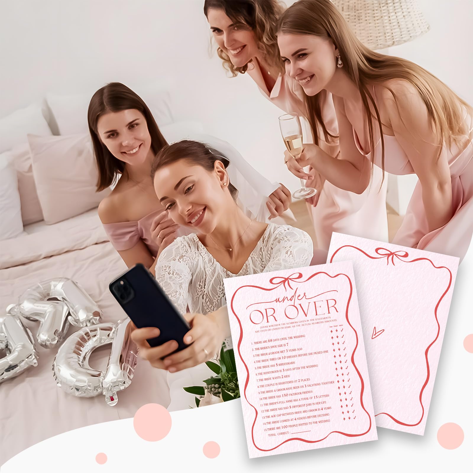 Tarjetas de juego de despedida de soltera con lazo rosa de 5 x 7 pulgadas, debajo o más, 30 tarjetas de juego de boda de doble cara, compromiso y fiesta de boda, actividades y decoración, A04