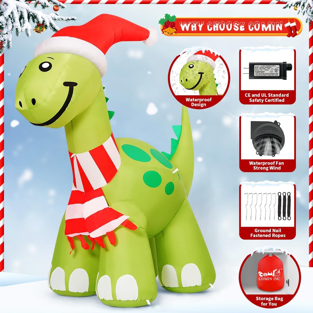COMIN 6.2ft Christmas Inflatables Outdoor Decorations, Blow Up Dinosaur Inflatable with Built-in LEDs for Christmas Indoor Outdoor Yard Lawn Garden Decorations